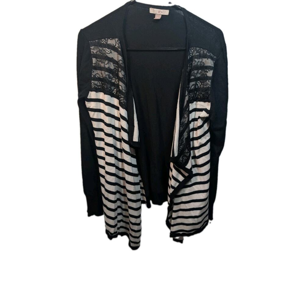 Roz & Ali Black Breton Striped Knit Cardigan Sweater Size Large Lace Mixed Media